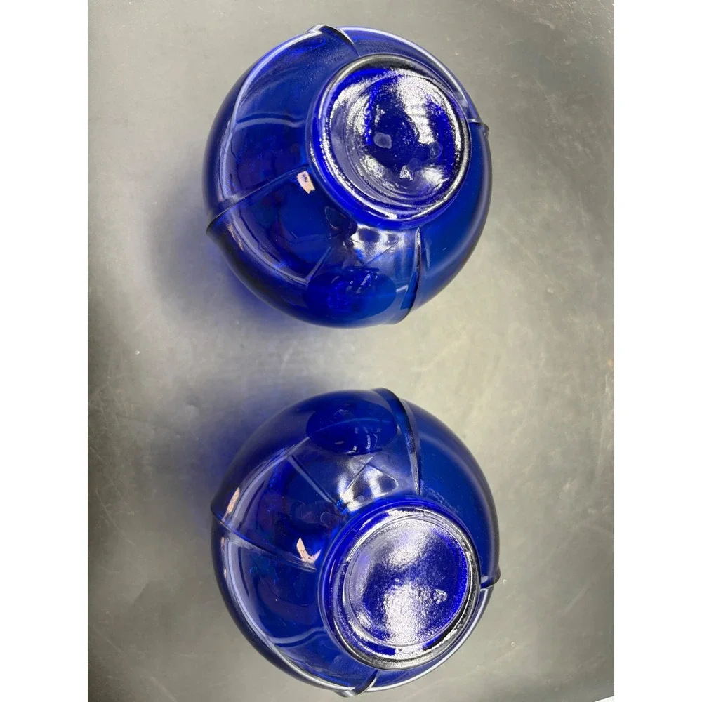 Vintage Cobalt Blue Glass Bud Vases Set of 2 Ribbed Round Optic Art Glass 4.5